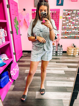 Grey Ribbon Bow Short Set