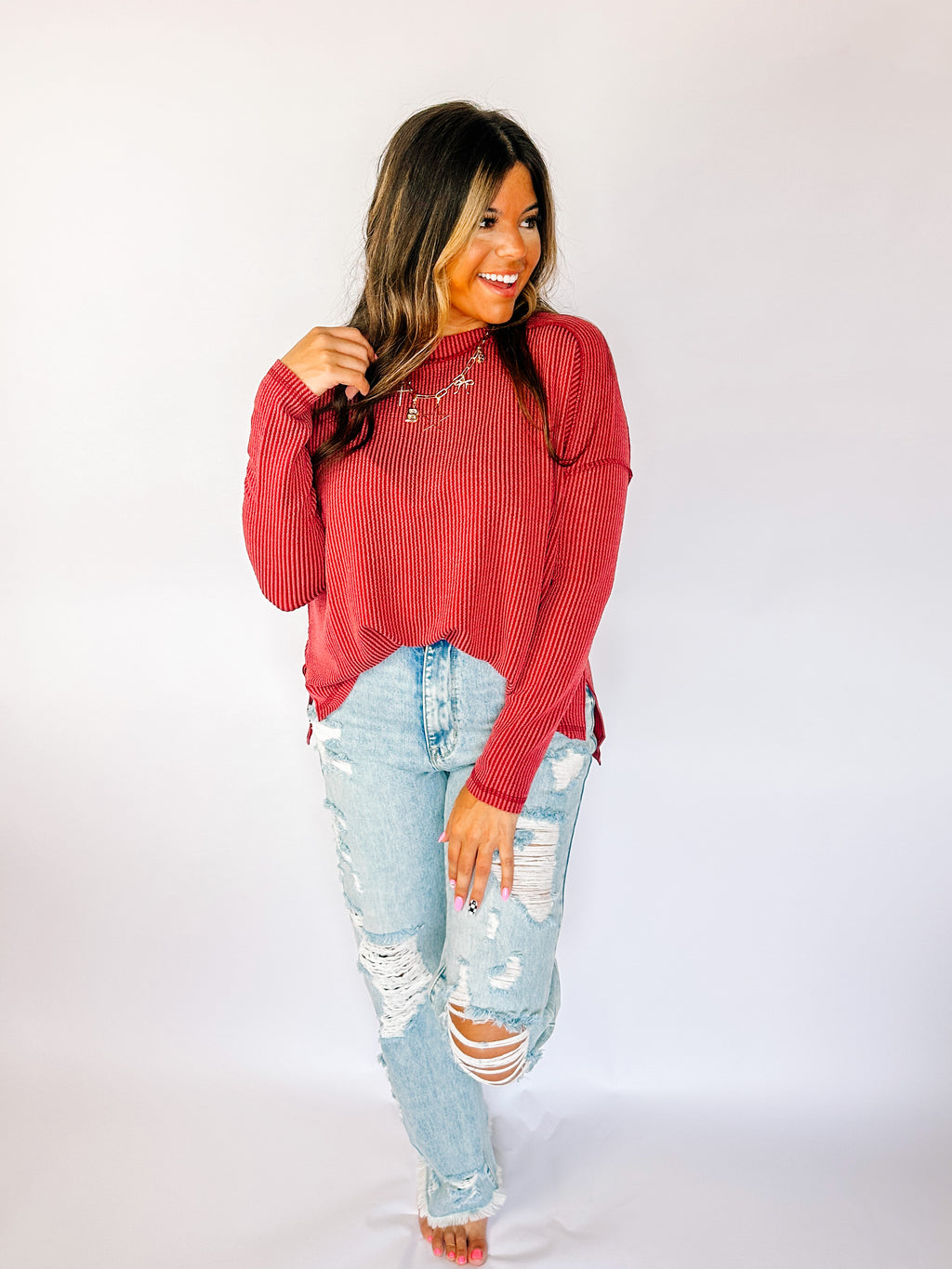 Ribbed Crimson Long Sleeve Top