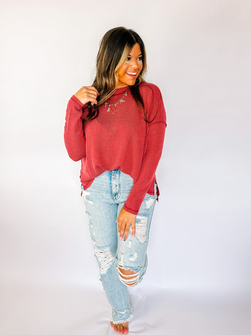 Ribbed Crimson Long Sleeve Top