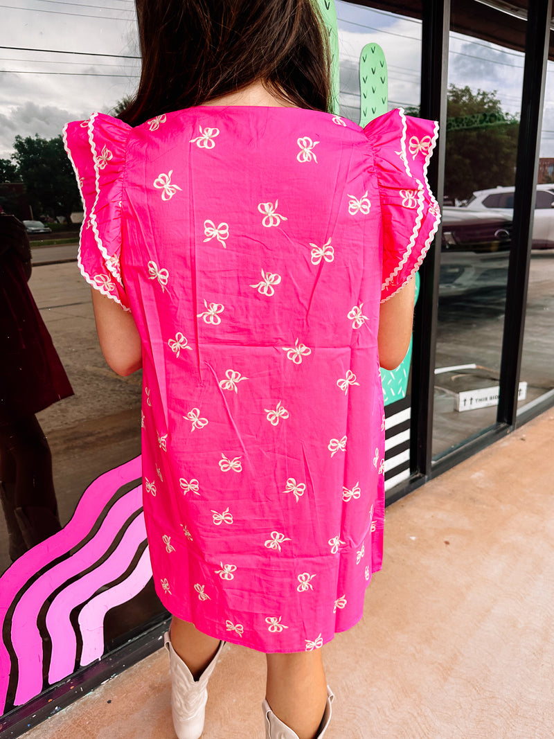 Bow Print Dress With Ruffle Sleeves