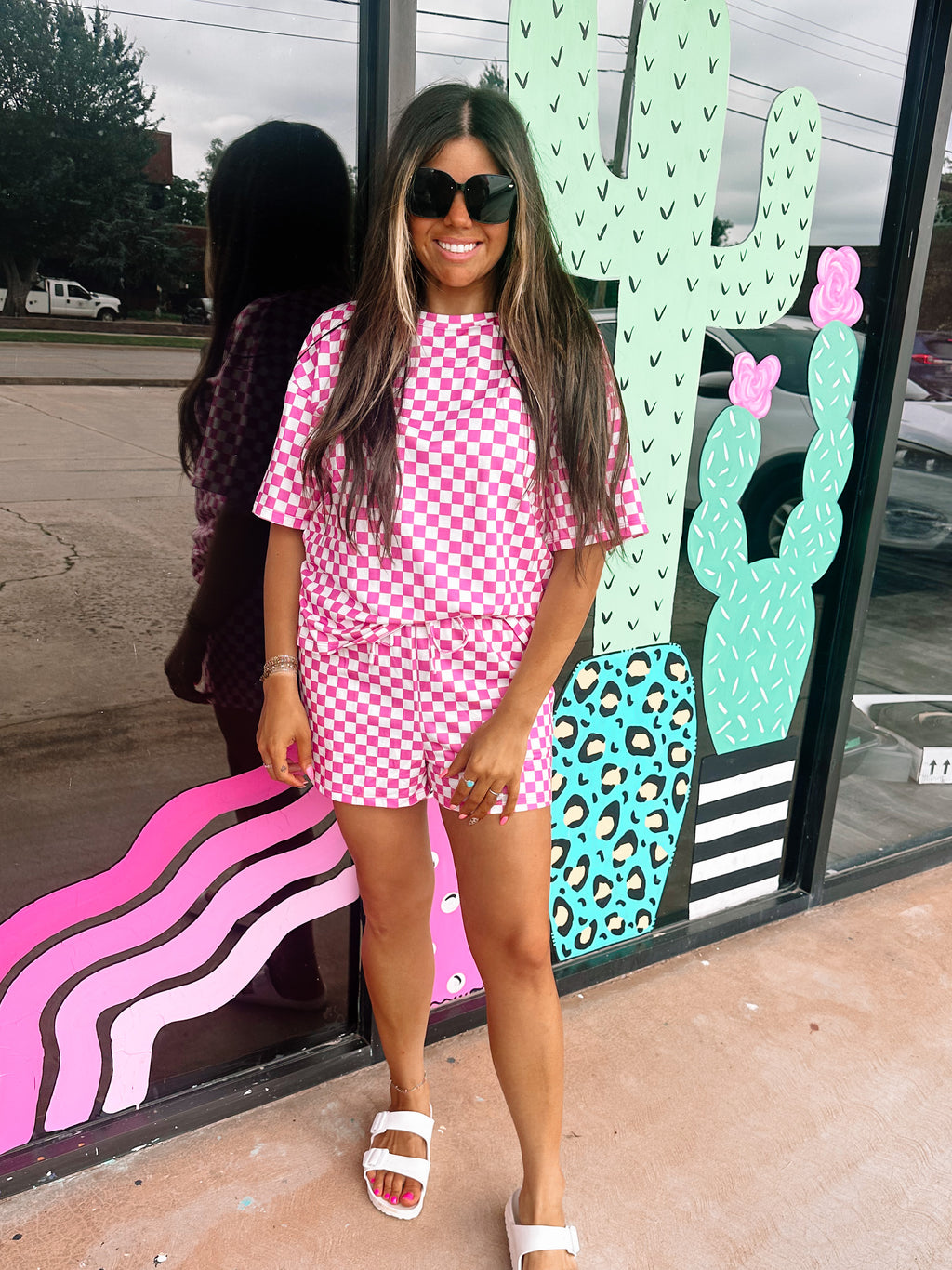 Hot Pink/White Checkered Matching Short Set