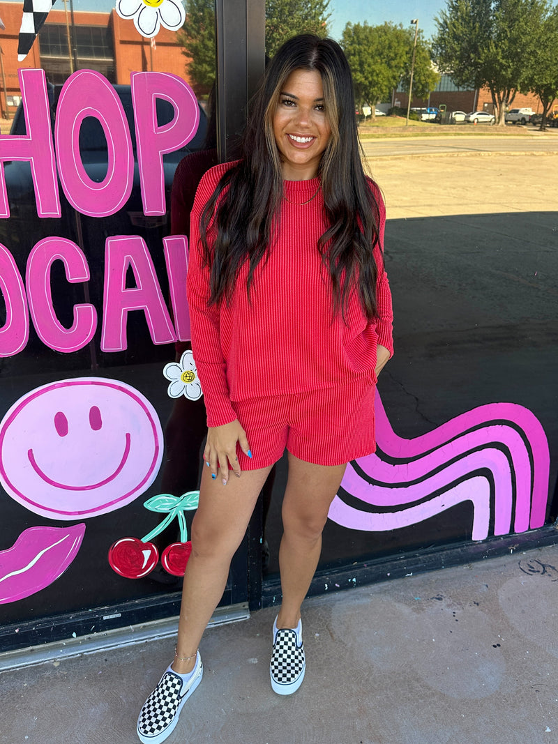 Ribbed Long Sleeve Matching Set- Red