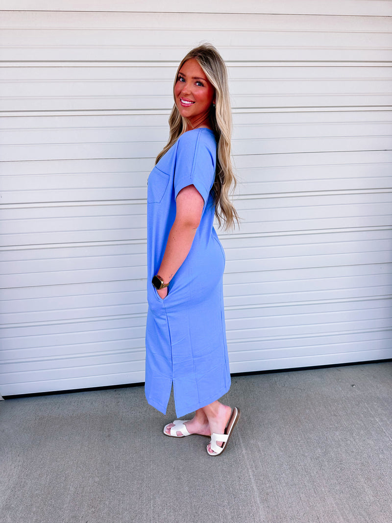 periwinkle midi dress with sleeves Blue High Neck Short Sleeve Ruffled Midi Dress