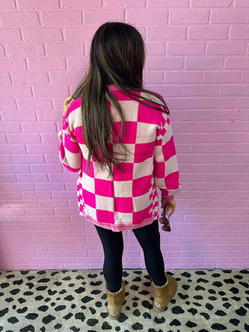 Pink Checkered Cardigan