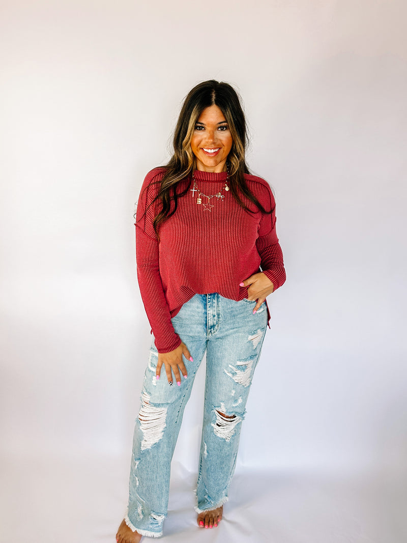 Ribbed Crimson Long Sleeve Top