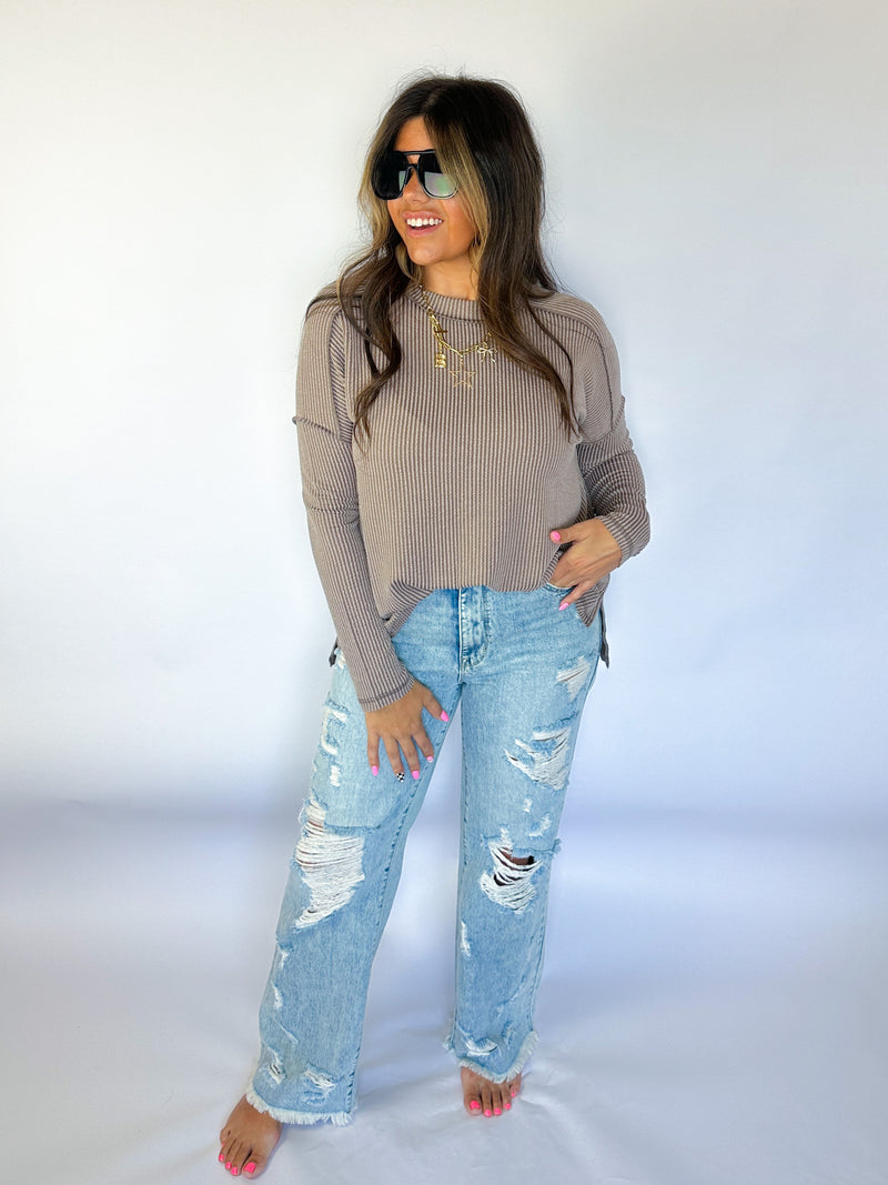 Ribbed Mocha Long Sleeve Top