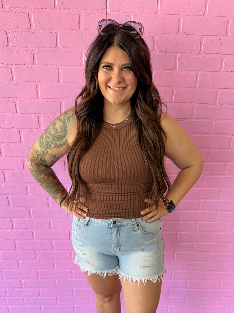 Seamless Ribbed Tank Top- Brown