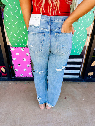Distressed High Waisted Rigid Mom Jeans