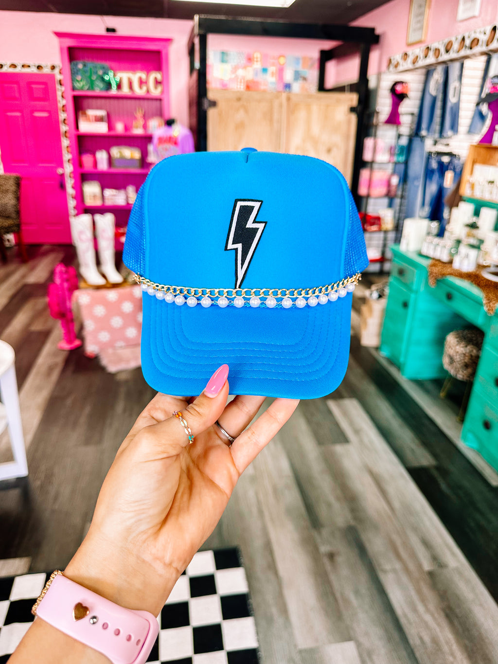 Blue Lightning Bolt Trucker with Double Chain