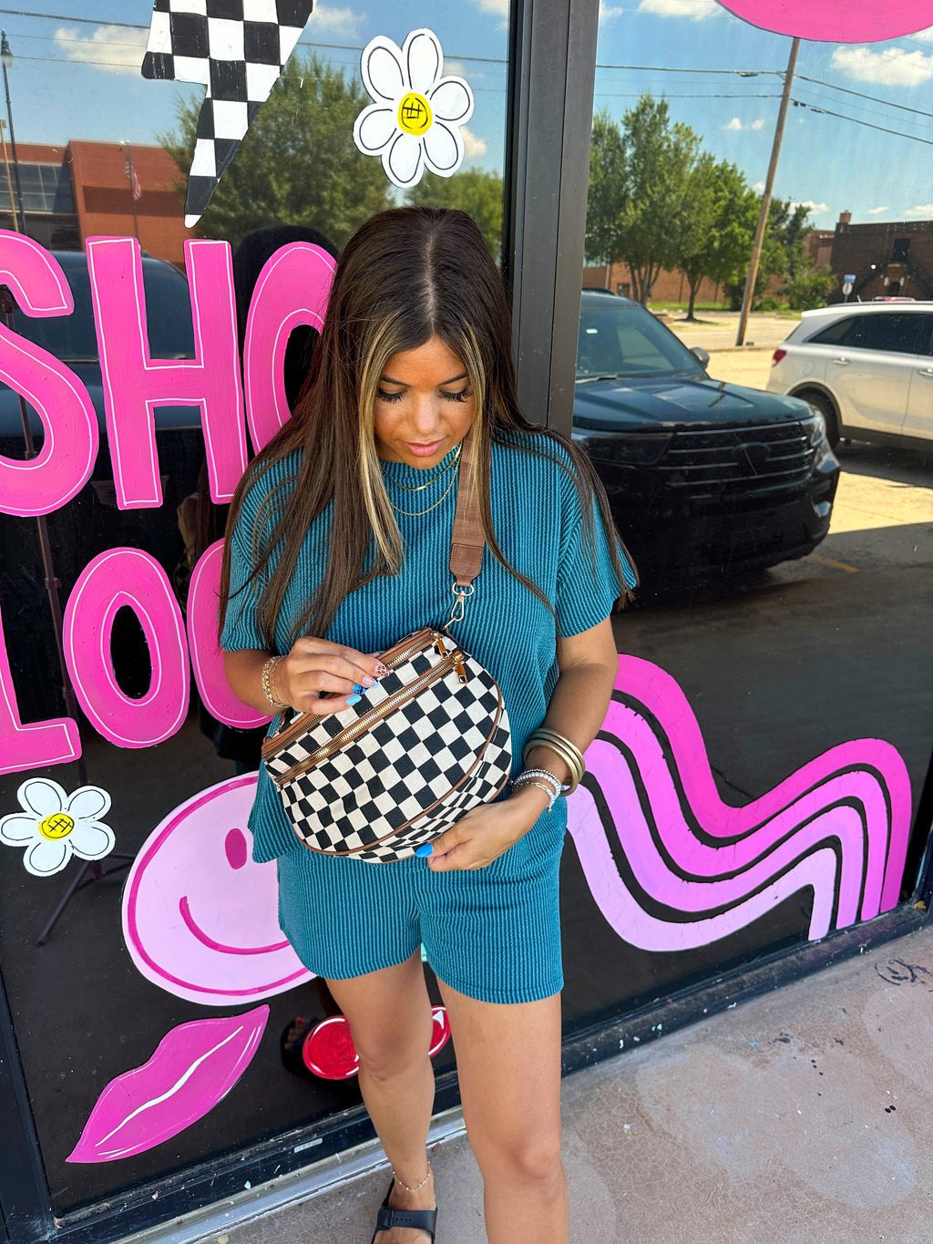 Canvas Checkered Bum Bag- Brown