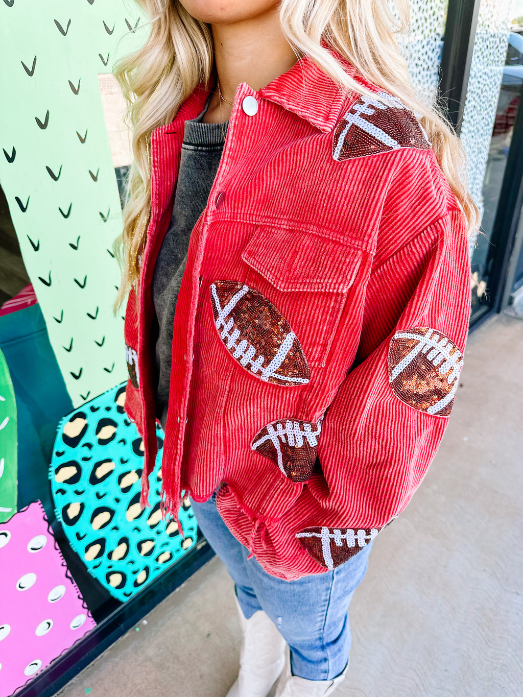 Corduroy Jacket With Sequin Footballs- RED