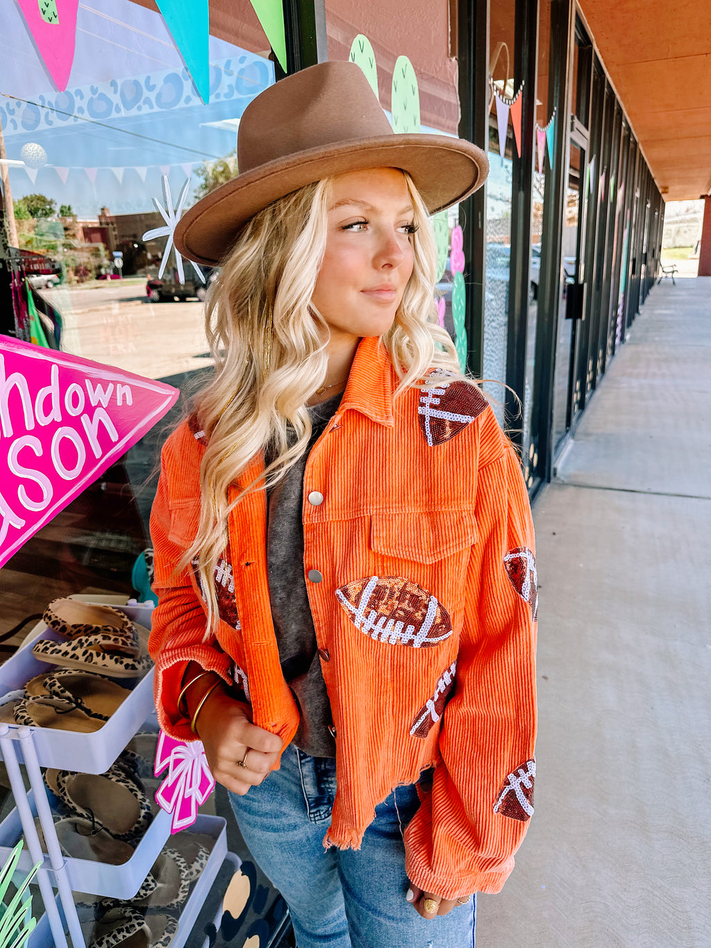 Corduroy Jacket With Sequin Footballs ORANGE The Crazy Cactus
