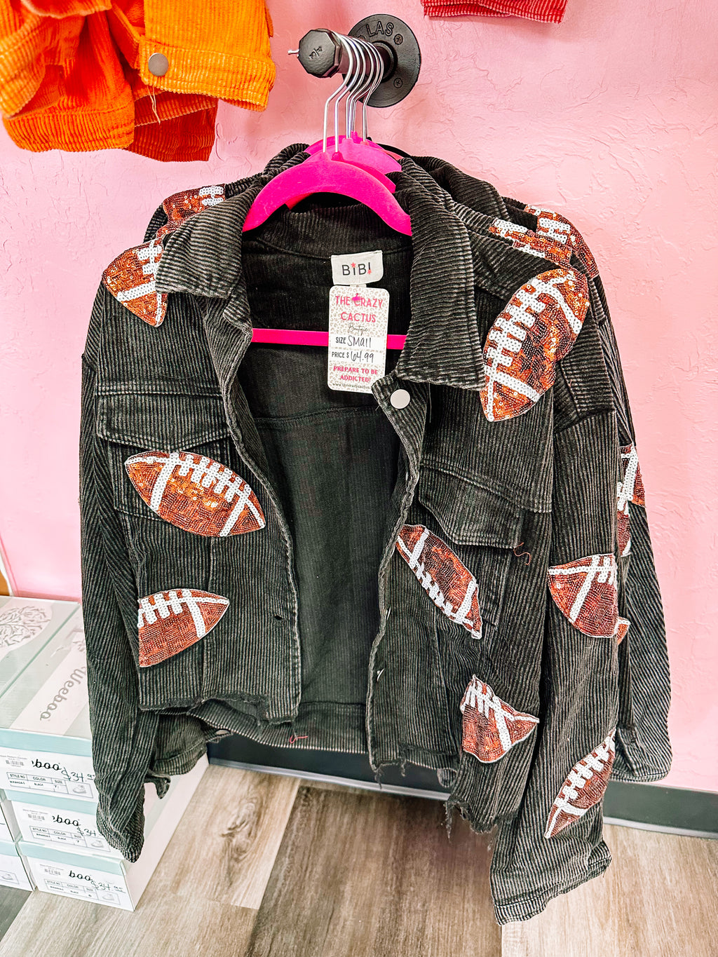 Corduroy Jacket With Sequin Footballs- BLACK